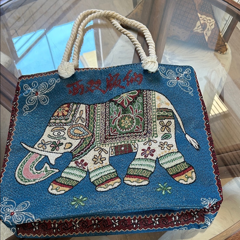 Embroidered Elephant Tote Bag - Blue and Multicolor